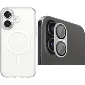 iPhone 17 Kılıf M-Safe Şarj Özellikli Şeffaf Sert Pc Zore Embos Kapak + Cam Kamera Lens Koruyucu