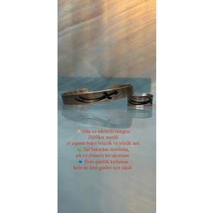 Zülfikar Deseni Bakır Bilezik ve yüzük seti silinmez derin kazıma vintage safbakır
