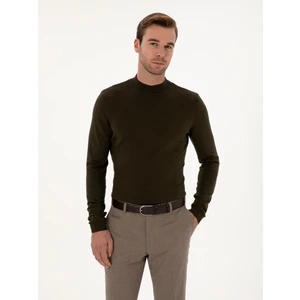 Erkek Haki Slim Fit Pamuk Karışımlı Çeyrek Balıkçı Yaka Basic Triko Kazak 50318704-VR027