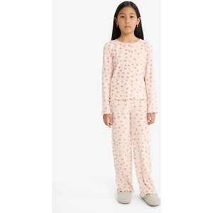 Kız Çocuk Pijama Takımı Fitilli Kaşkorse Kalp Desenli Uzun Kollu Üst Uzun Alt F7276A825AU