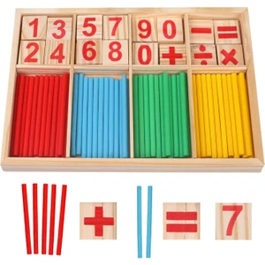 Ahşap Matematik Çubukları & Rakam Blokları Seti – Sayma, Işlem ve Şekil Kurma (Montessori, 3+)