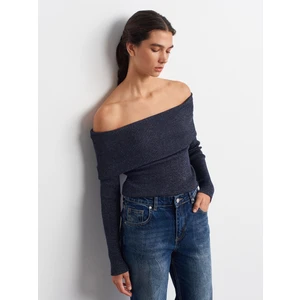 10808 Bardot Yaka Fitilli Simli Triko Kazak-Lacivert
