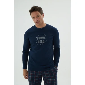 Erkek Uzun Kol Desenli Ekose Alt Lacivert Pijama Takımı C1T3N69