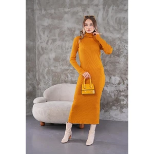 Fitilli Triko Elbise Hardal Sarı