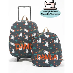 Kişiye Özel Isimli Çekçekli Çanta ve Sırt Çantası Anaokulu/kreş Seti (2'li Set) Unicorn ve Donat 2-5yaş
