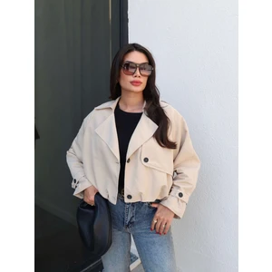 Kruvaze Yaka Düğmeli Kısa Trench