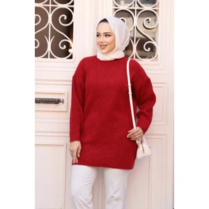 Kırmızı Tesettür Triko  Kazak Tunik 7852K