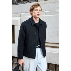 Erkek Tasarım Kumaş Teknik Mont Ceket Siyah