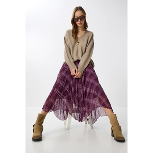 Desenli Kırışık Efektli Midi Şifon Etek LNS0082 Mürdüm