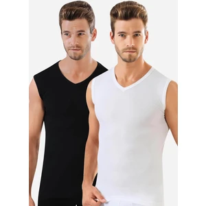 Erkek Siyah - Beyaz Tişört Sıfır Kol V Yaka Kolsuz Atlet 2'li Paket %100 Pamuklu