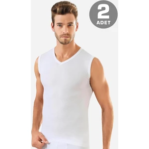Erkek Beyaz Pamuklu Tişört Sıfır Kol V Yaka Kolsuz Atlet 2'li Paket