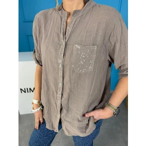 Kadın Keten Oversize Gömlek Hakim Yaka Cep Pul Detay Patlı Kol