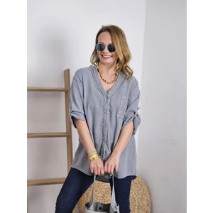 Kadın Keten Oversize Gömlek Hakim Yaka Cep Pul Detay Patlı Kol