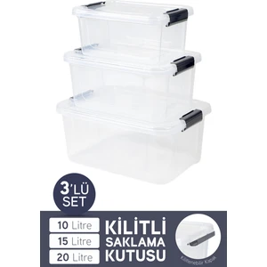 3'lü Saklama Kabı Yatay Dikdörtgen Kilitli Kapaklı Çok Amaçlı Oyuncak Saklama Kutusu 10-15-20 Litre