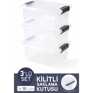 3'lü Saklama Kabı Yatay Dikdörtgen Kilitli Kapaklı Çok Amaçlı Oyuncak Saklama Kutusu 10 Litre