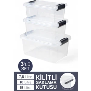 3'lü Saklama Kabı Yatay Dikdörtgen Kilitli Kapaklı Çok Amaçlı Oyuncak Saklama Kutusu 7,5-10-15 Litre