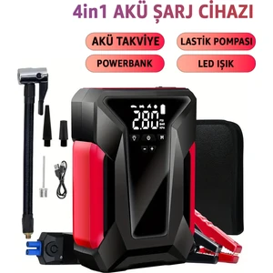 4-In-1 Şarjlı Akü Takviye Cihazı – 16000 Mah Güç Kapasitesi, 1800A Anlık Akım, Dijital Lastik Pompası, Powerbank ve LED Işıklı Çok Fonksiyonlu Acil Durum Oto Yardım Cihazı