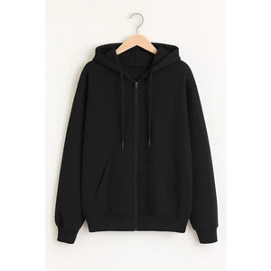 Unisex Siyah Standart Fit Normal Kesim Içi Polarli 2 Iplik Kapüsonlu Fermuarli Sweatshirt Ceket