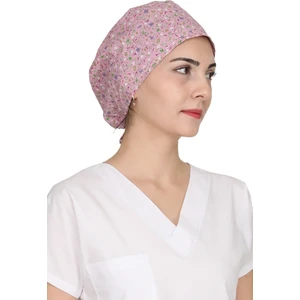 Pudra Pembe Mini Çiçek Desenli Doktor Hemşire Aşçı Bonesi Unisex Cerrahi Bone