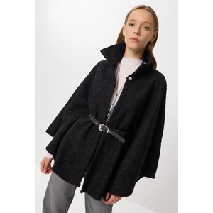 Kemerli Düğmeli Buklet Panço LDE0010 Siyah