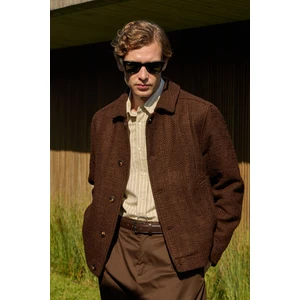 Erkek Tasarım Kumaş Teknik Mont Ceket Kahverengi