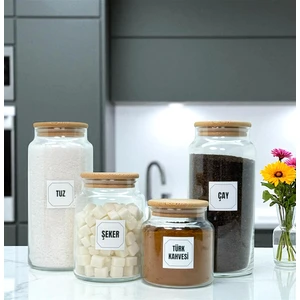 Ahşap Vakum Kapaklı Cam Tuz Çay Türk Kahvesi Şeker Saklama Kavanozu Seti Etiket Hediyeli
