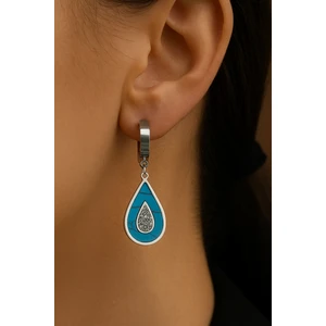 Damla Çelik Küpe Zirkon Taşlı Mavi Doğal Taş Gümüş Renk