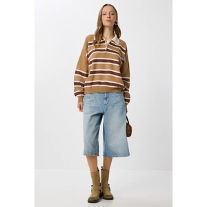 Polo Yaka Çizgili Triko Kazak LMW0024 Bisküvi Kahverengi