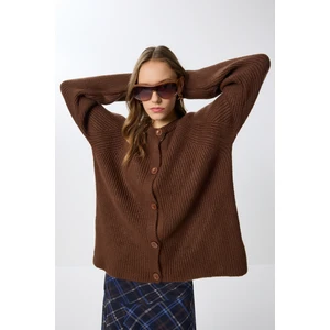 Yün Karışımlı Düğmeli Triko Hırka LİY0002 Kahverengi