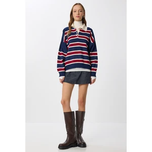 Polo Yaka Çizgili Triko Kazak LMW0024 Lacivert Bordo