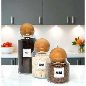 Ahşap Top Kapaklı Cam Çay Şeker Kahve Saklama Kavanozu Seti Kahve Köşesi Etiket Hediyeli
