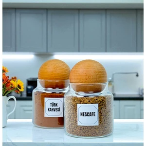2'li Ahşap Top Kapaklı Cam Türk Kahvesi Hazır Kahve Saklama Kavanozu Seti 500 ml Etiket Hediyeli