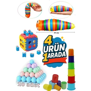 Tırtıl + Bultak 18 Parça +Sevimli Kule 6 + 20 Adet Havuz Topu Hediyemizdir Gelişim Seti 4 Lü