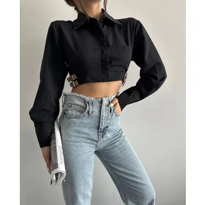 Yanı Kemer Detaylı Crop Gömlek Siyah S4009