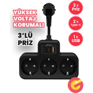 Yüksek Voltaj Korumalı Priz, Duvar Tipi Kısa Kablolu Priz Çoğaltıcı, 3x Priz, 2x Type-C, 1x Usb, 16A , 3680W, 1050 Joule, Çocuk Korumalı, Isıya Dayanıklı Yapı