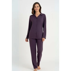 Kadın Mor Düğmeli Uzun Kollu Pijama Takımı – Rahat ve Şık Ev Giyim