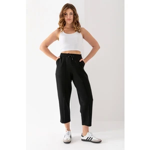 Kadın Siyah Beli Lastikli Modal Kumaş Çımalı Bilek Pantolon Yumuşak Dokulu Şık Bağcıklı Pantolon
