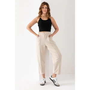 Kadın Bej Renk Beli Lastikli Modal Kumaş Çımalı Bilek Pantolon Yumuşak Dokulu Şık Bağcıklı Pantolon