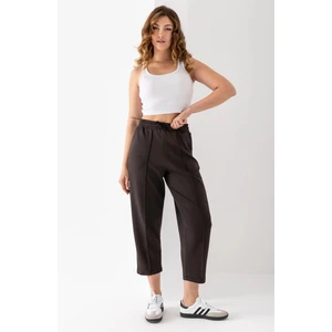 Kadın Kahverengi Beli Lastikli Modal Kumaş Çımalı Bilek Pantolon Yumuşak Dokulu Şık Bağcıklı Pantolon