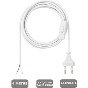 Fişli Arapuarlı Kablo (Yassı)- Anahtarlı (2X0,50) Beyaz - 4 Metre