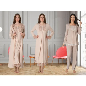 Dvina Effortt Lohusa 4'lü Set - Sabahlık/pijama Takımı/gecelik Bej - 3046
