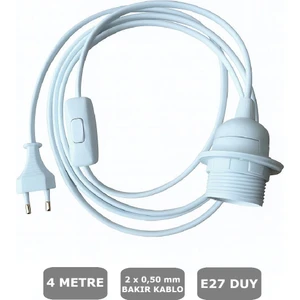 4 Metre Arapuarlı (Aç Kapat Anahtar) Fişli Abajur Lambader Duyu Seyyar E27 (2X0,50) (Beyaz)