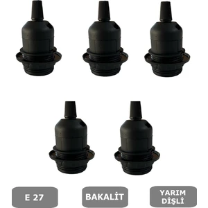 E27 Duy Geçmeli Yarım Diş Avize, Abajur, Lambader Duyu Halkalı - Bakalit Siyah (250V-4A) 5 Adet