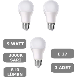 9W E27 LED Ampul 3000K Sıcak Sarı Işık (3 Adet)