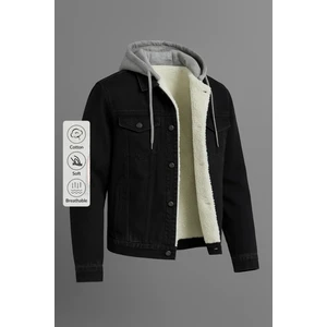 Erkek Kürklü Oversize Siyah Kapşonlu Kot Mont