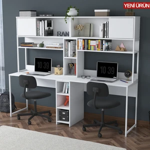 HA129 Iki Kişilik Çok Raflı 2 Kapaklı Çalışma Ofis Bilgisayar Masası Beyaz