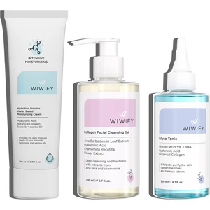 Wıwıfy Arındırıcı ve Nemlendirici 3'lü Cilt Bakım Seti – Aloe Vera, Papatya, Glikolik Asit ve Kolajen Destekli Vegan Formül