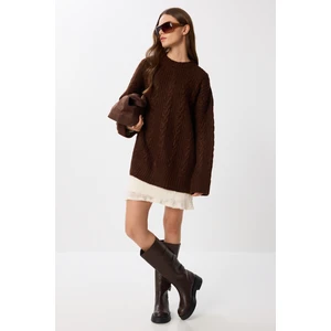 Oversize Saç Örgülü Triko Kazak LPF0107 Kahverengi