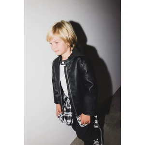 Erkek Bebek Kapüşonlu Pelüş Astar Fermuarlı Suni Deri Ceket