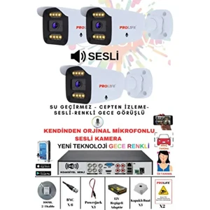3 Lü Sesli Güvenlik Kamerası 5 Mp Gece Renkli Yüz ve Araç Tanımalı Full Hd Kamera Sistemi